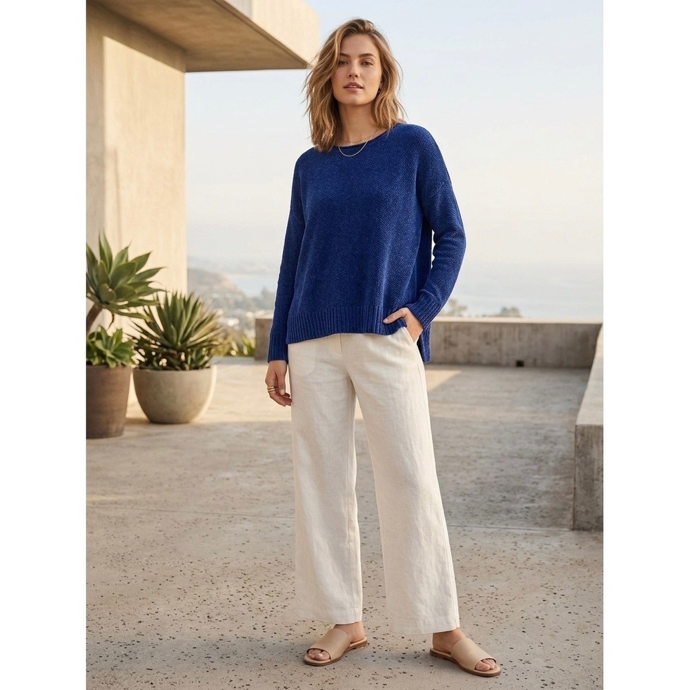Eileen Fisher Organic Cotton Chenille Sweater Blue Crewneck XS Italian Yarn